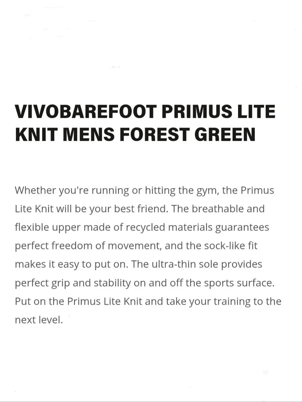 VivoBarefoot Primus Lite Knit Men's US 10 Forest Green Barefoot Athletic Sneaker